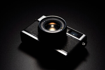 暗い背景にスポットライトが当たった古いフィルムカメラ