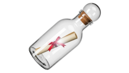 Message in a bottle PNG isolated on transparent background, rolled parchment with red ribbon inside glass bottle for nautical themes