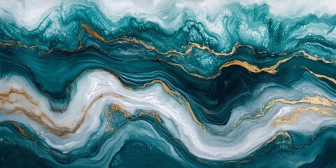 Fototapeta premium Fluid Art Marble Texture with Stunning Swirls in Teal, Gold, and White for Unique Backgrounds