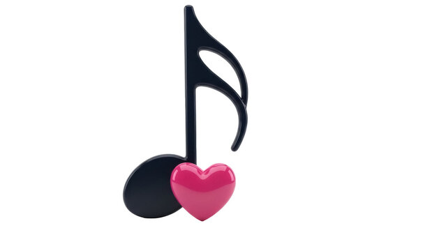 Black musical note with pink heart isolated PNG, romantic music concept for Valentine s Day and love songs on transparent background