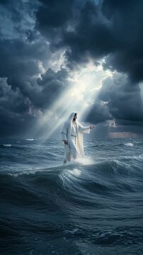 Jesus Christ walking on water during a storm. Dramatic rays of light breaking through dark clouds over a turbulent ocean. Biblical miracle and faith concept. Cinematic vertical footage