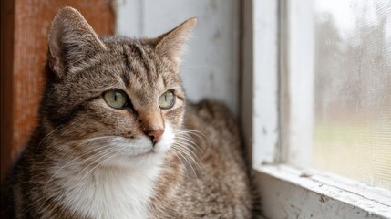 Close-up of a cat sitting on a window sill. the cat is a tabby with brown and white fur and green eyes. it is looking directly at the camera with a serious expression on its face.