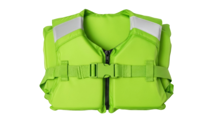 Bright green life vest PNG isolated on transparent background, safety flotation device for boating and water sports