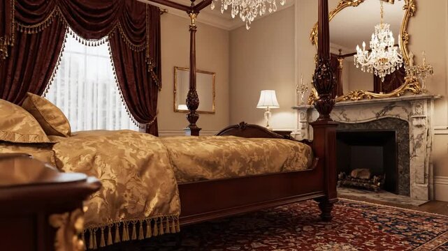 Opulent vintage bedroom with four-poster bed, chandeliers, heavy drapes, fireplace, ornate rug glow