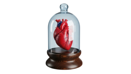 Anatomical human heart in glass dome isolated PNG, realistic organ model on transparent background for medical and educational use
