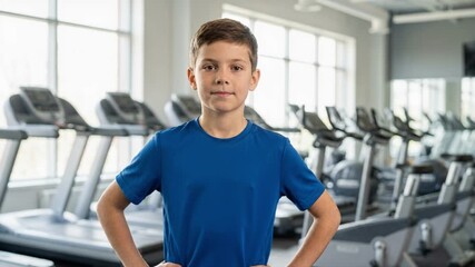 Portrait of a smiling boy in a gym. Young athlete standing with hands on hips in a fitness center with treadmills in the background. Healthy lifestyle and youth fitness concept. Medium shot