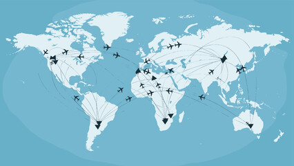 Global air travel map, airplane silhouettes with dotted routes, international flight connections across continents, aviation network illustration flat vector © MD