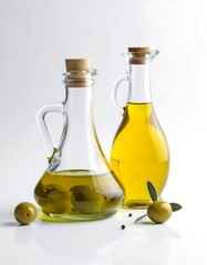 Two glass bottles of olive oil with olives