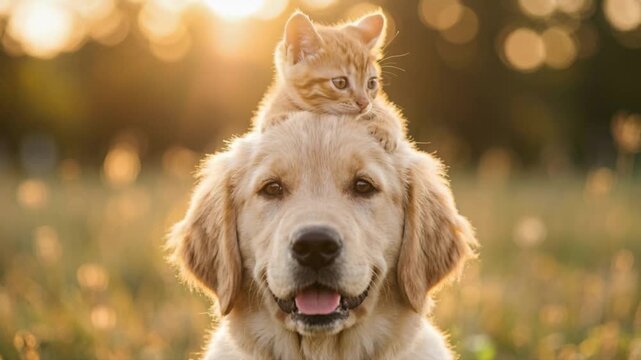 Golden retriever puppy with a ginger kitten sitting on its head. Cute interspecies friendship in a grassy field at sunset. Domestic pets together in golden hour light. Close-up portrait