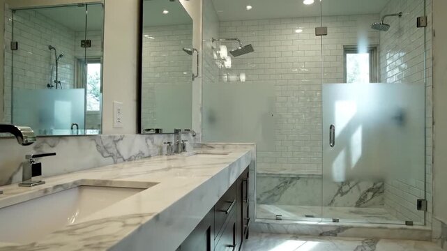 Luxurious modern bathroom with marble countertops, double sinks, frosted glass shower, bright light