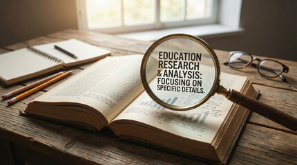 An open book lies on a wooden surface with a magnifying glass positioned over the text, emphasizing the focus on education research