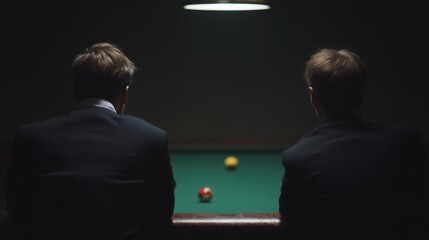 Two businessmen are standing, backs to the viewer, watching a game of billiards on a green table with two balls under a single overhead light in a dimly lit bar