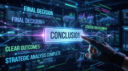 Conclusion Concept. Futuristic digital interface shows a finger selecting Conclusion, symbolizing final decisions, clear outcomes