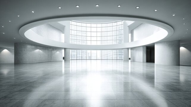Empty Modern Business Atrium with Circular Ceiling and City View