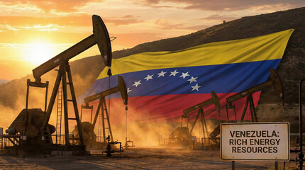 Majestic oil pumpjacks against the venezuelan flag at sunset
