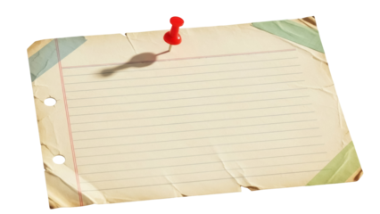 Lined notebook paper with red push pin PNG isolated on transparent background, vintage stationery for notes and reminders