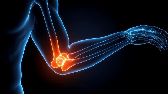 Elbow pain and inflammation X-ray of human elbow joint with red orange highlight blue glowing lines 3D medical illustration