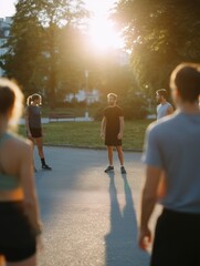 Friends engaging in an outdoor group workout in a park during a golden hour sunset, fostering teamwork, fitness, and a balanced lifestyle within a community