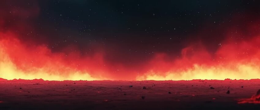 Fiery red lava flow landscape under  dark starry sky with glowing embers rising