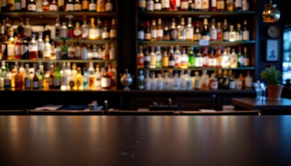 Elegant Bar Counter with Diverse Selection of Alcoholic Beverages in a Sophisticated Atmosphere