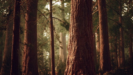 Obraz premium Tall, ancient trees tower over a tranquil forest scene, their rough bark glistening in the gentle morning sun. The peaceful atmosphere invites exploration and reflection amid natures beauty.