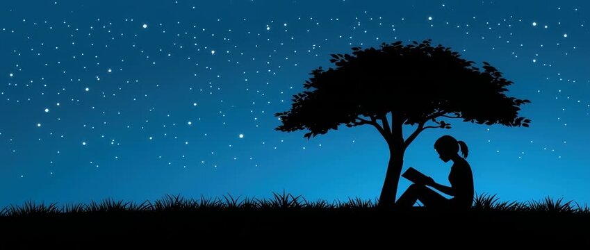 Silhouette of  girl reading  book while sitting under  tree against  starry night sky