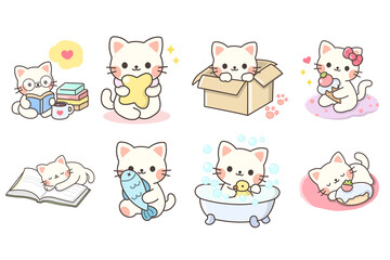 Obraz premium Pastel Kawaii Kitten Illustration Set, Cute Cat Clipart