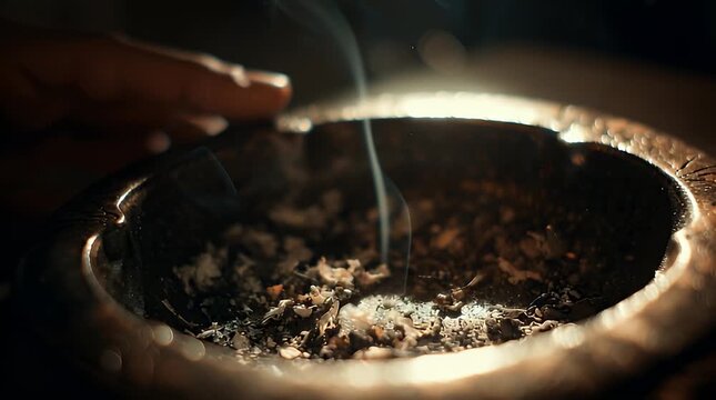 A hand holding an ashtray with smoldering ash and smoke rising from the remnants of a cigarette