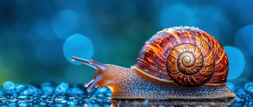 Extreme close up of  garden snail with  colorful shell moving across wet surface bokeh