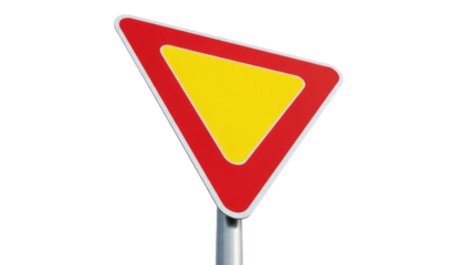 Yield sign PNG isolated on transparent background, red and yellow triangular road sign giving way to other traffic, traffic regulation