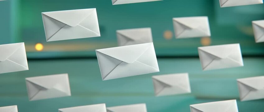 Several white paper envelopes floating against  softly lit teal colored surface