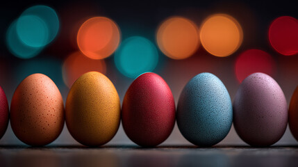 Row of colorful eggs photographed with shallow depth of field and bokeh lights, creating a festive and playful still life composition
