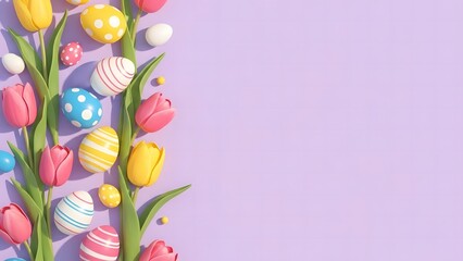 Easter celebration with colorful tulips and decorated eggs