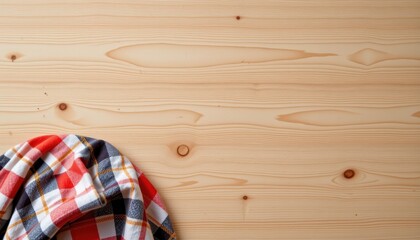 Cozy wooden table with soft checkered cloth in warm colors, perfect for rustic kitchen or dining setting