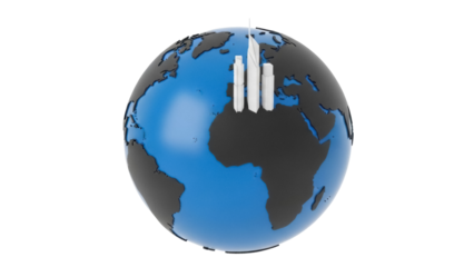 Stylized globe with skyscrapers isolated PNG, blue and gray earth model with modern buildings for urban development concepts