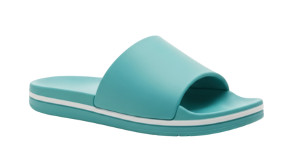 Turquoise blue slide sandal isolated PNG on transparent background, casual summer footwear for beach and pool fashion