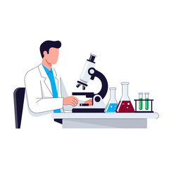 Scientist working with microscope and lab equipment, medical research illustration