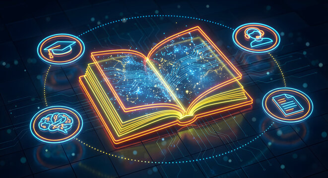 Modern digital education and online learning concept with a glowing neon book and interconnected icons for artificial intelligence science knowledge and global electronic research