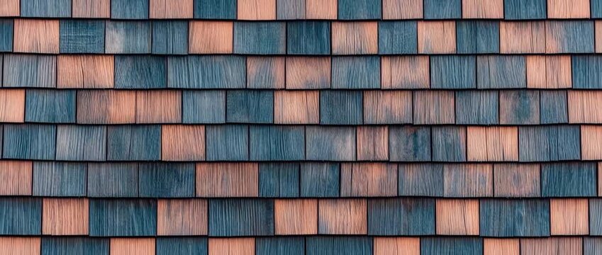 Close up of alternating colored wooden roof shingles with visible grain texture pattern