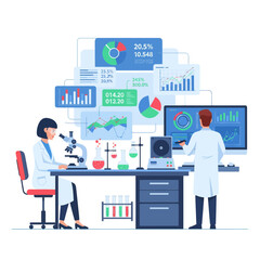 Fototapeta premium Scientists analyzing data in modern laboratory with charts and graphs on screens