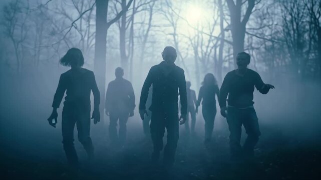 Group of realistic zombies screaming, decaying hands reaching forward, walking foggy haunted forest, mystical Halloween atmosphere, dim moonlight filtering misty trees, cinematic skin clothing, thick