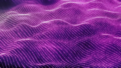 Fotobehang Violet Violet electric particles form energetic flowing waves, creating a glowing futuristic digital landscape  © Bolbik