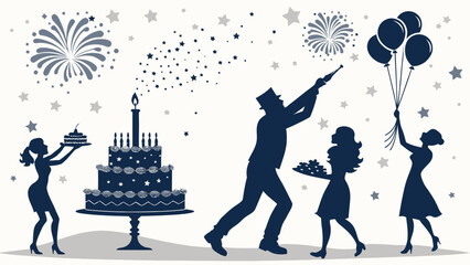 People celebrating birthday with cake and fireworks