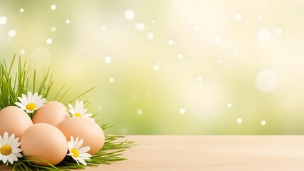 Easter eggs and flowers on grass with spring background