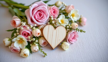 Romantic Pink Rose Bouquet with Wooden Heart Decoration for Love and Celebration