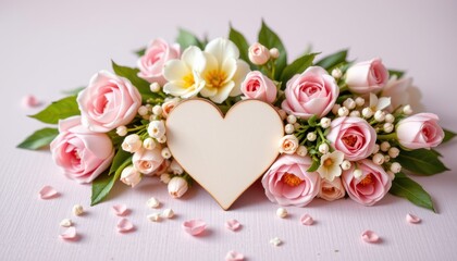 Heart-Shaped Blank Card Surrounded by Beautiful Pink Roses and Floral Arrangement on Soft Pink Background