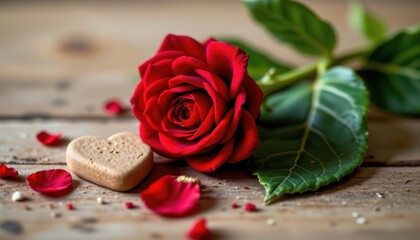 Red Rose and Heart-Shaped Cookie on Rustic Wooden Table with Petals and Green Leaves