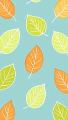 Seamless Delicate Line Art Leaf Pattern on Soft Pastel Aqua Background with Colorful Leaves