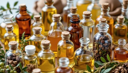 Collection of Colorful Glass Bottles with Essential Oils and Natural Ingredients on Wooden Surface