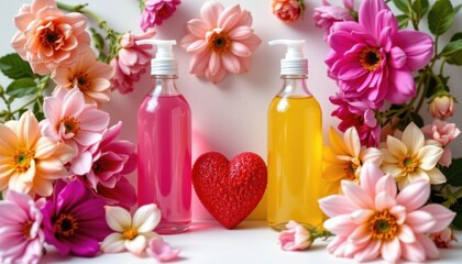 Colorful Bottles of Liquid Soap Surrounded by Beautiful Flowers for Relaxation and Spa Experience